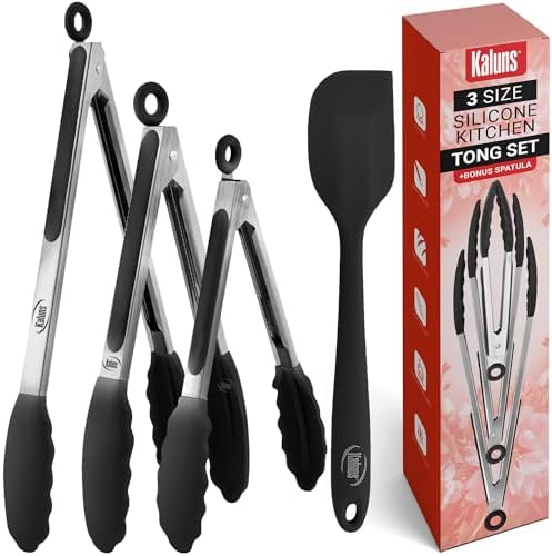 Kaluns Kitchen Tongs for Cooking Grilling Set of 4, BBQ Grill Tongs With Silicone Tip Stainless Steel Heat Resistant, Non-stick Pull Lock, Incl 7, 9, 12 Inch Tong Plus a Silicone Spatula