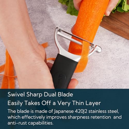 KITCHENDAO Swivel Vegetable Potato Peeler for Kitchen, Japanese Stainless Steel Sharp Blade, Heavy Duty Die-cast Construction Y Peeler, Built-in Eye Remover, Soft-touch Handle, Dishwasher Safe, Black