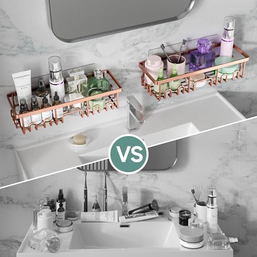 Veken Shower Caddy 6-Pack, No Drilling & Rustproof, Waterproof Adhesive Shelves Rack with Soap Holder, Large Capacity Bathroom Organizers and Storage, Wall-Mounted Kitchen & Home Decor, Rose Gold