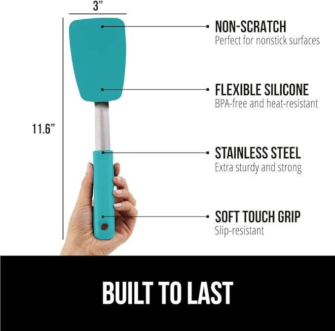 GORILLA GRIP Food Grade Flexible Silicone Spatula, Heat Resistant Head for Nonstick Frying Pan, Patented Soft Rubber Handle for Comfort, Non-Scratch Kitchen Turner, Flip Eggs, 11.6 in, Turquoise