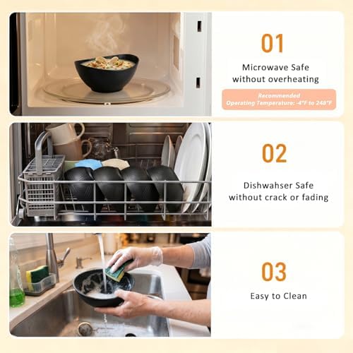 Cereal Bowls Sets of 6, Unbreakable & Lightweight Wheat Straw Bowls 26oz, Alternative to Plastic Bowl for Soup, Fruit, Salad, Microwavable Bowl for Kitchen, Camping, RV, Party - Black