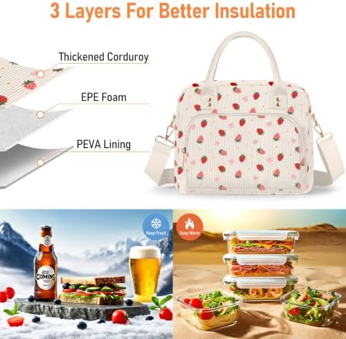 Lunch Bag Large Insulated Lunch Box for Women Adult Cute Pink Strawberry Lunchbox Corduroy Lunch Bags Boxes Pail with Shoulder Strap for Work Mom Picnic Office Travel 11.4×6.8×9.1 inches 11.5L
