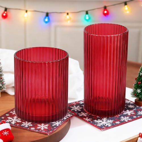 Ribbed Drinking Glasses 8pcs, 12oz and 10oz Glassware, Tumbler Glasses Cup Set for Wedding, Party, Christmas Gift, Red