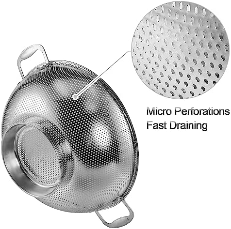 Tiawudi Large 6-Qt Colander, 18/8 Stainless Steel Mesh Strainer for Kitchen, Food Sieve with Riveted Handles and Self-draining Solid Ring Base, Great for Pasta, Rice, Vegetables and Fruits