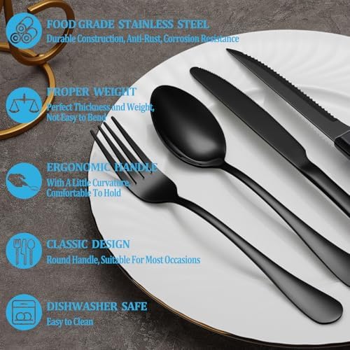 36 Pcs Black Silverware Set with Steak Knives, Stainless Steel Flatware Cutlery Set for 6, Kitchen Tableware Sets, Utensil Sets for Home and Restaurant, Dishwasher Safe