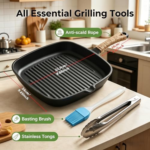 Cast Iron Grill Pan, 9.5" Square Griddle Skillet with Pour Spout, Oven Safe