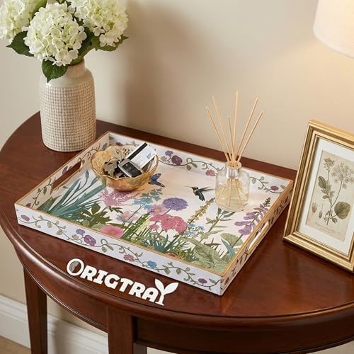 Serving Tray with Handles, Rectangular Plastic Tray 15.75x11.81 Inch, Wildflower, Butterflies & Hummingbirds Style Decorative Tray for Kitchen, Dining Table, Vanity, Office & Home