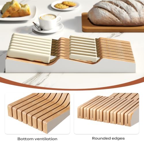 In-Drawer Knife Block Organizer - Bamboo Wood Drawer Knife Organizer-Protecting Knife Organizer Block (Not Included) (White, 15 Knives Dock)