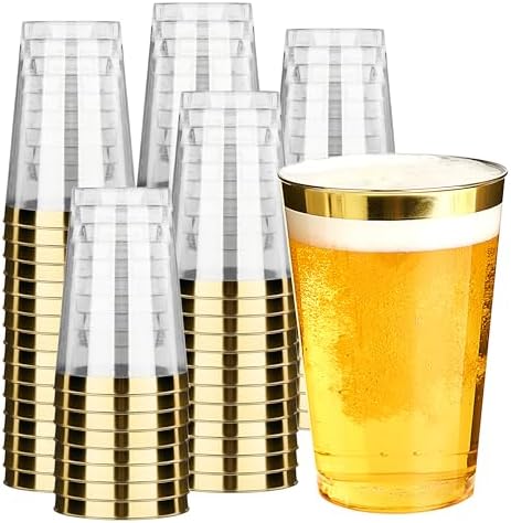 RACETOP 12 oz Disposable Plastic Cups with Gold Rim, 200 Pack