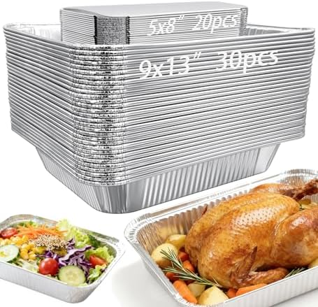 Notwoe® 50pc Aluminum Foil Pans Combo, Extra Heavy Duty, 30pc 9x13 Half Size & 20pc 8x5 Disposable Trays for Roasting, Lasagna, Steam Table Heating. (50 Pack no/Lids)