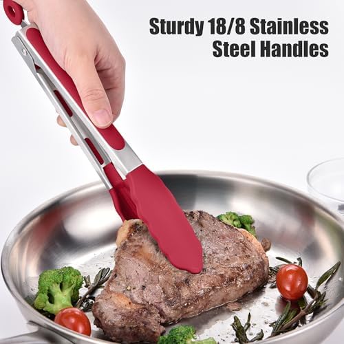 Doosu Kitchen Tongs with Silicone Tips for Cooking Serving (9in, Red)