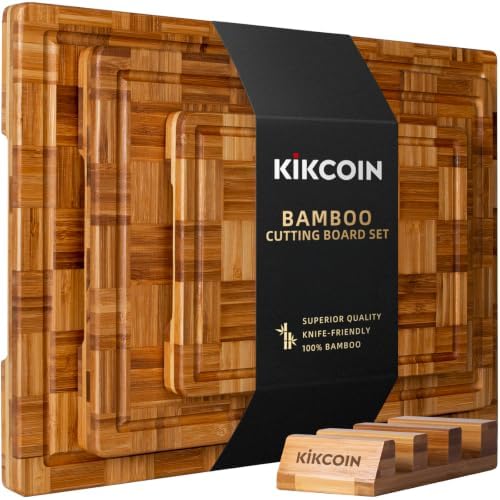 Kikcoin Extra Large Bamboo Cutting Boards, (Set of 3) Chopping Boards with Juice Groove Bamboo Wood Cutting Board Set Butcher Block for Kitchen, End Grain Serving Tray