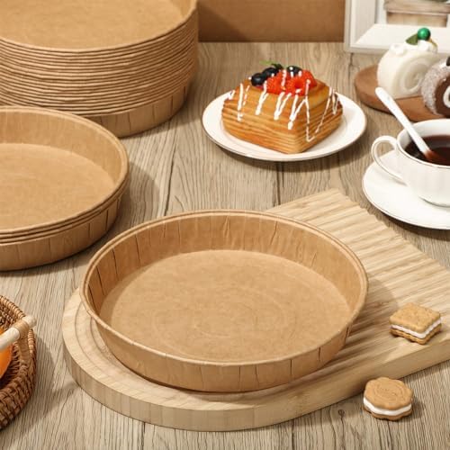 Mifoci 25 Pcs Paper Pie Pans for Baking Disposable Tart Mold Bulk Round Easy Kraft Bread Baking Pans for Microwave Freezer Oven Safe Display Loaf Cake Muffin Pizza Home Kitchen Supply