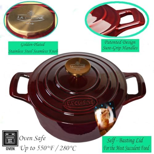 La Cuisine Enameled Cast Iron Dutch Oven Casserole Pot with Golden handle for Lid, Internal Matte Black Enamel Coating 2.1QT 10.5" / 20cm Ø, Oven-Safe 550°F/276°C Cranberry