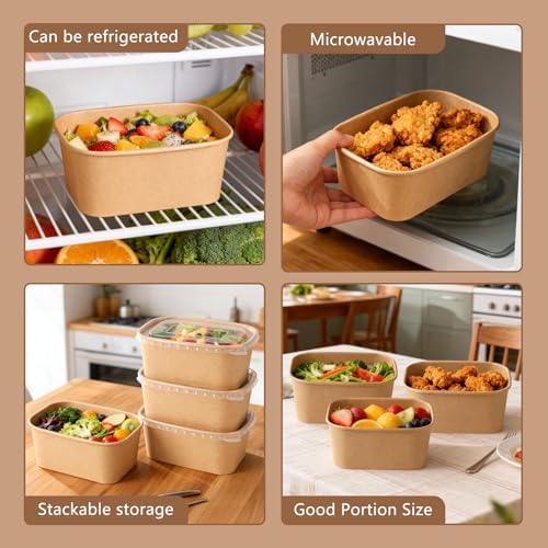 50 Sets 33 oz Disposable Kraft Paper Bowls with Lids - Rectangle