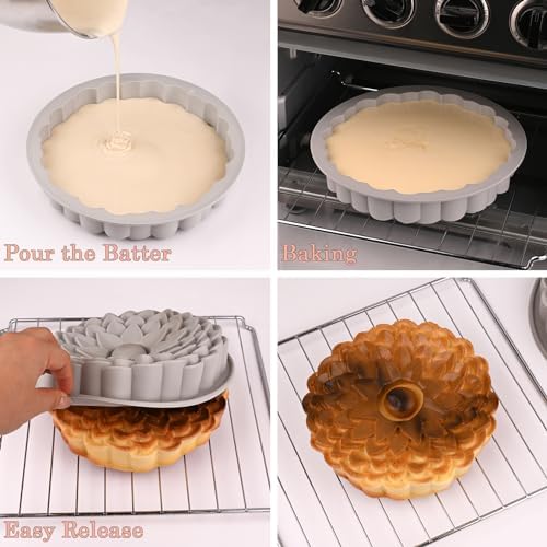 Sakolla 3 Pack Flower Shape Silicone Cake Molds, Large Round Silicone Molds for Baking Cake, Breads, Pies, Tarts (Rose, Chrysanthemum, Sunflower)