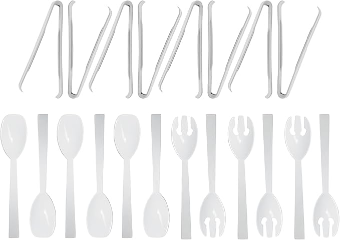Party Essentials Plastic Party Buffet Serving Utensils Kit, Spoons/Forks/Tongs, 20-Piece, White