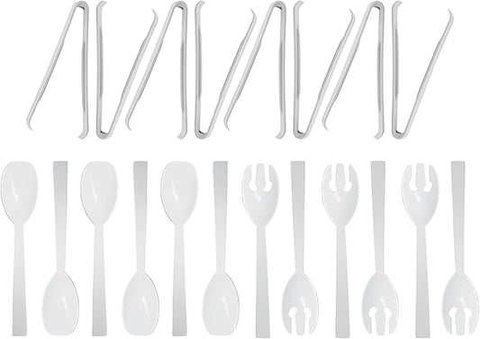 Party Essentials Plastic Party Buffet Serving Utensils Kit, Spoons/Forks/Tongs, 20-Piece, White