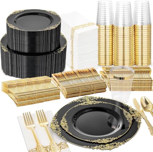 Nervure 350Pcs Black Plastic Plates, Plastic Dinnerware Set for 50 Guests
