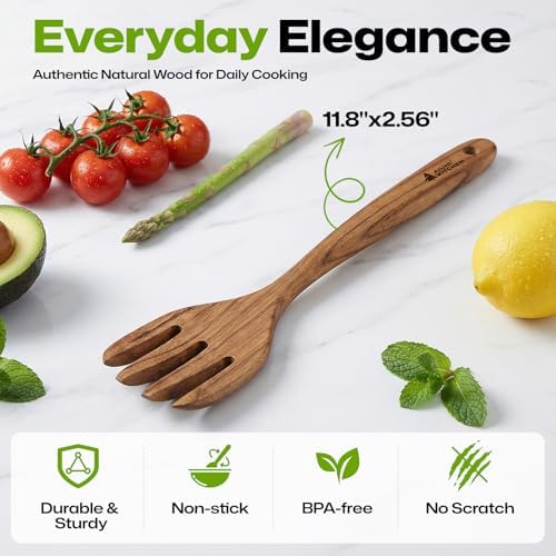 AIUHI Premium Teak Wood Salad Serving Fork, Ergonomic Handle Non-Scratch Wooden Cooking Fork, Durable Kitchen Utensil for Salad Mixing Pasta Tossing and Food Serving