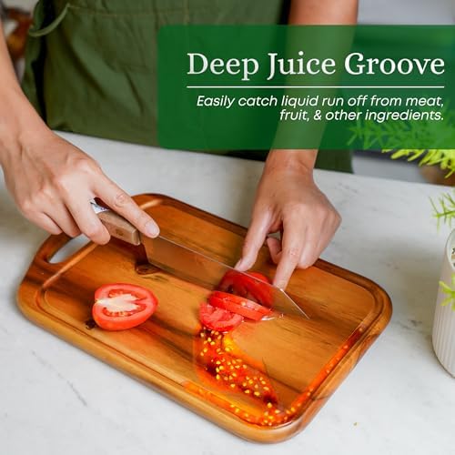 VieWood Acacia Wood Cutting Board with Handle, 13x8 Inch Wooden Board for Kitchen, Serving, Charcuterie and Cheese, Juice Groove, Knife Friendly