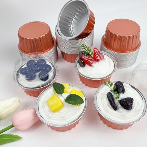 100Pcs Aluminum Cups with Lids,5oz Disposable Ramekin Baking Cups Muffin Liners Mini Pie Pans Foil Cupcake Containers for Christmas Party Wedding Party,Orange