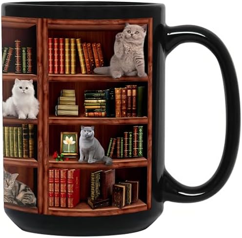 Cat Book Coffee Mug, Library Bookshelf Tea Cup, Black, 15oz