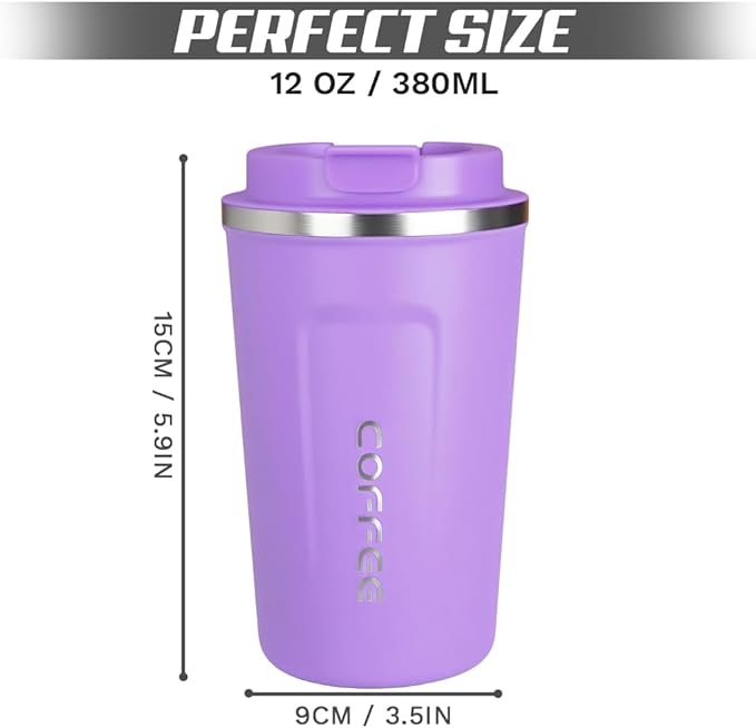 Travel coffee mugs leak-proof, reusable coffee cup with lid, stainless steel vacuum insulated coffee tumblers, thermal insulation cups for men & women keep drinks hot & cold (2nd-Purple, 12OZ)