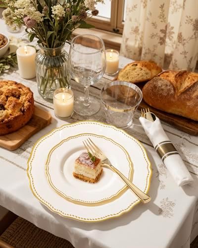 Hioasis 175 Pcs Ivory Gold Plastic Plates Wedding & Party