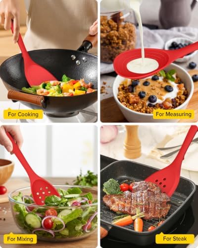 BUNDLEPRO Silicone Cooking Utensils Set, 4 Pcs Spatula and Spoon Set, Red