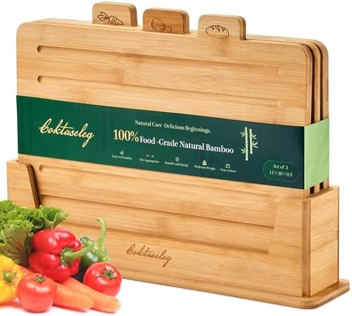 Bamboo Cutting Boards for Kitchen, Wooden Set of 3 with Holder