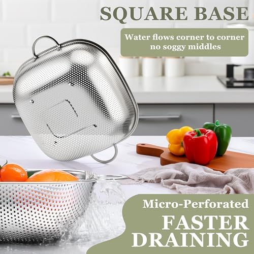 E-far 6QT Square Stainless Steel Colander, Metal Strainer with Handle