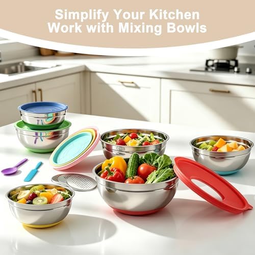 ENVTEK Stainless Steel Mixing Bowls Set with Lids,Silicone Bottoms,Colorful