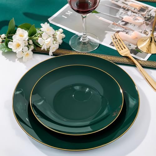Nervure 100PCS Green and Gold Plastic Plates 10.25″ Disposable Dinner Plate