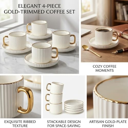 Ceramic Tea Cups Coffee Cup and Saucers Set of 4 (White)