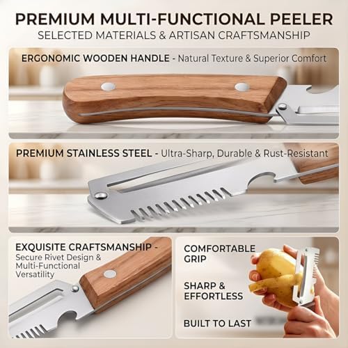 Multi-Functional Vegetable Peeler, 3 in 1 Multi Functional Wooden Handle Peeler and Bottle Opener, Kitchen Gadgets Tool for Fruit Pumpkin Peeling Potato Carrot Veggie Peeler (2-Pack)
