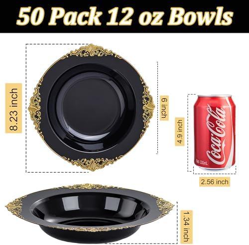Nervure 50PCS Black Plastic Bowls with Gold Rim - 12oz Disposable Soup Bowls, Heavy Duty Salad Ice Cream Bowl Perfect For Weddings, Parties and Halloween (Pack of 2)