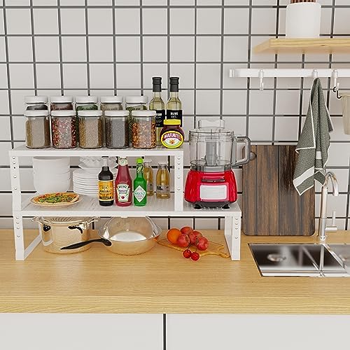 Jojocross Expandable Adjustable Stackable Kitchen Organizer, Spice Rack,Metal Pantry Storage Shelves Racks,Counter Shelf for Cabinets, Countertop, Cupboard(1 Pack/Medium/White)
