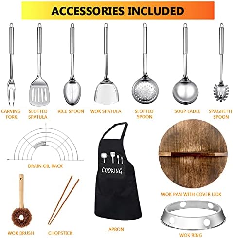 14 Piece Carbon Steel Wok Pan, Woks & Stir-Fry Pans Set with Wooden Lid Cookwares, No Chemical Coated Flat Bottom Chinese Pan for Induction, Electric, Gas, Halogen All Stoves - 12.6''