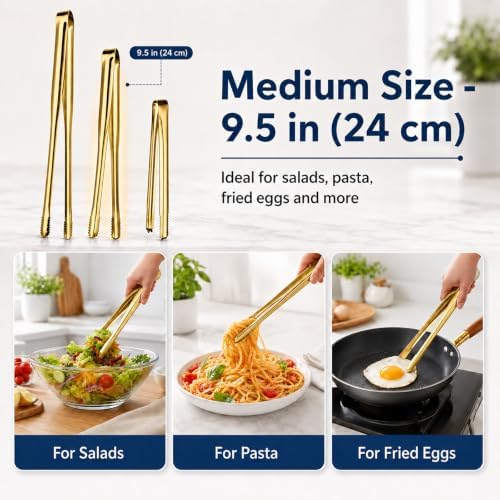 Stainless Steel Kitchen Tongs Set of 3, 6-11.5in Non-Slip Gold