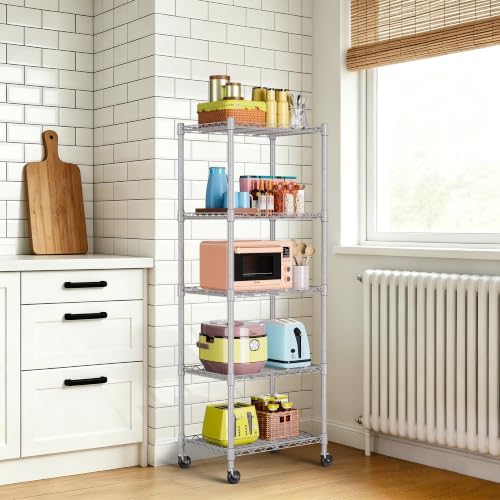 REGILLER 5-Wire Shelving Metal Storage Rack Adjustable Shelves,Standing Storage Shelf Units for Laundry Bathroom Kitchen Pantry Closet(Silver,11.8" D x 16.6" W x 53.5" H,With Wheels)