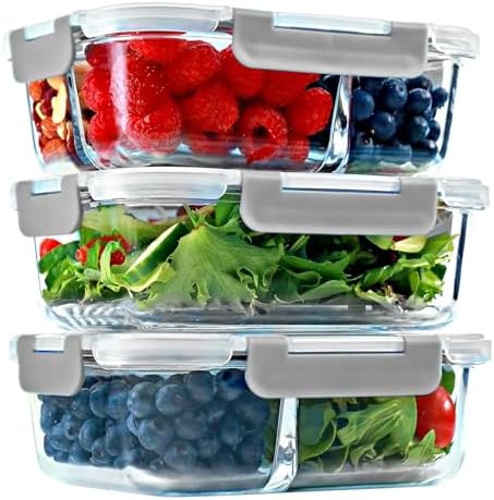 Glass Meal Prep Containers 1 & 2 & 3 Compartments, Airtight, 35 oz, 3 Pack