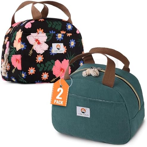 CaCTOUR Lunch Box for Women Girls Teens,Cute Lunch Box Cooler Bag, Portable Insulated Small Lunch Bag Women Reusable Corduroy Lunch Tote for Work/Travel/Picnic/School (Flower/Lake Green,Small)