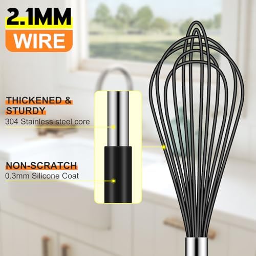 HOTEC 4 Pieces Silicone Whisks Set, Wire Balloon Whisks for cooking Egg Beater, Non-slip Handle Whisk for Non-stick Cookware Perfect for Cooking, Stirring, Beating and Blending,Black