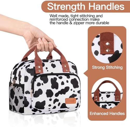 Lunch Bag for Women, Insulated Lunch Box for Women Men Work Adult, Cute Lunch Tote Large Capacity Reusable Cooler Containers for Picnic Travel Office or Beach (Cow)