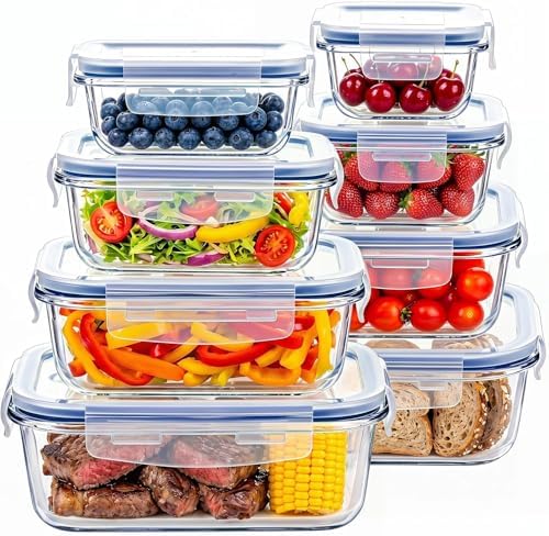 8 Pack Glass Food Storage Containers with Lids(Blue)