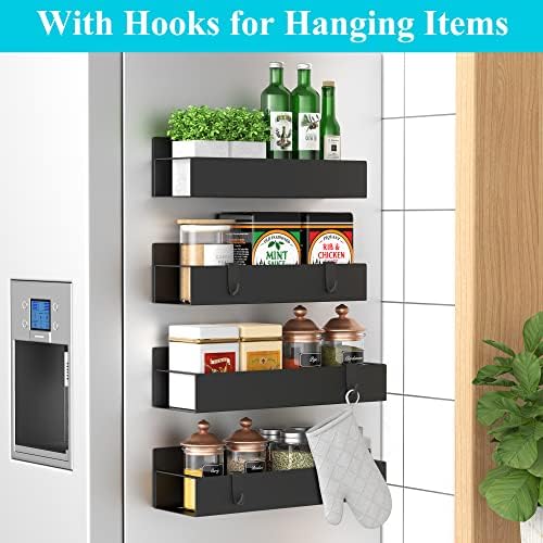 HuggieGems Metal Magnetic Spice Rack for Refrigerator with Hooks Matt Black