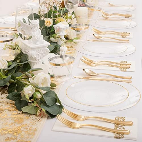 Nervure 100PCS Clear and Gold Plastic Plates - 10.25inch Gold Dinner Plate