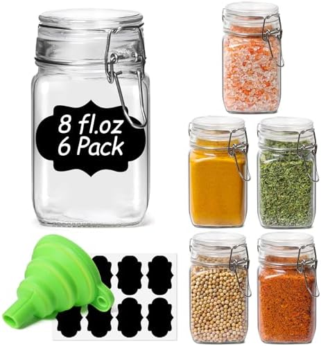 ComSaf Square Glass Spice Jars 8 oz 6 Pack with Labels and Funnel Set