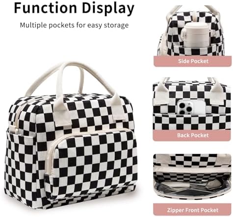 Lunch Bag Women Lunch Box for Women Adult Cute Insulated Lunch Bag Lager Cooler Lunch Tote Bags for Work Picnic (Black-White Plaid)